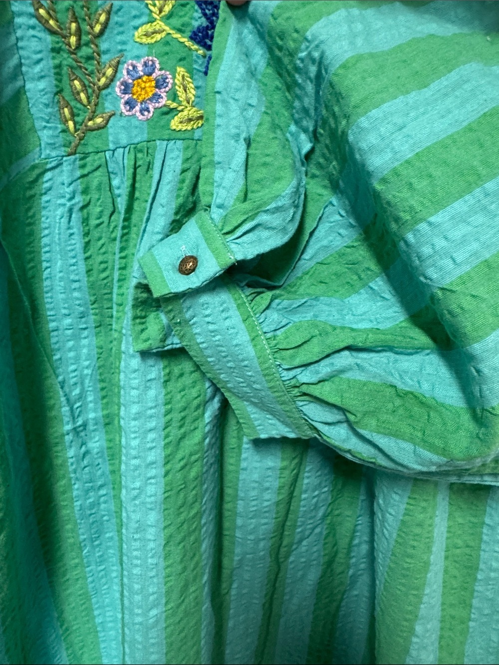 Anthropologie Teal and Green Embroidered V-Neck Tunic - Picture 5 of 11